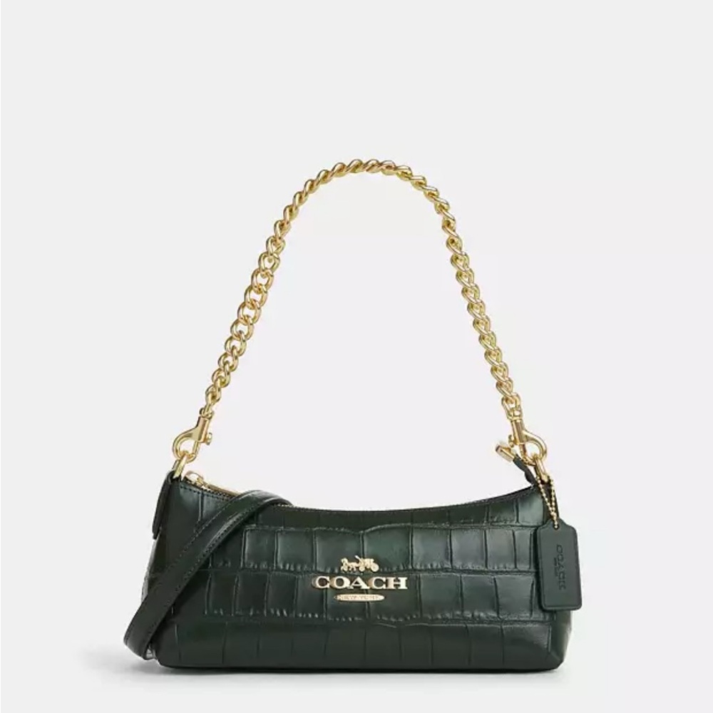 Coach Green Crocodile-Textured Shoulder Bag with Gold Chain